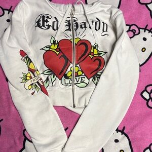 Cropped Ed Hardy White Jacket with Red Heart and Skull Back